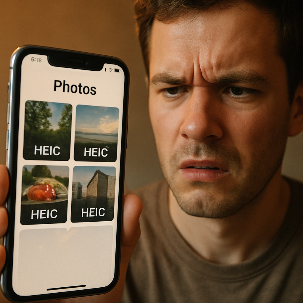 Eine Nahaufnahme eines iPhone-Bildschirms, der Fotos im HEIC-Format anzeigt, mit einem verwirrten Benutzer, der darauf schaut, warmes Licht, fotorealistisch.