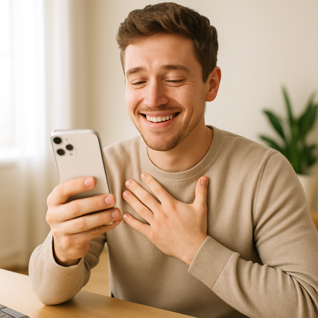 Ein Benutzer sieht erleichtert aus, nachdem er erfolgreich die iPhone-Fotoeinstellungen von HEIC auf JPG geändert hat, sitzt an einem Schreibtisch mit einem iPhone in der Hand, helles und fröhliches Licht.
