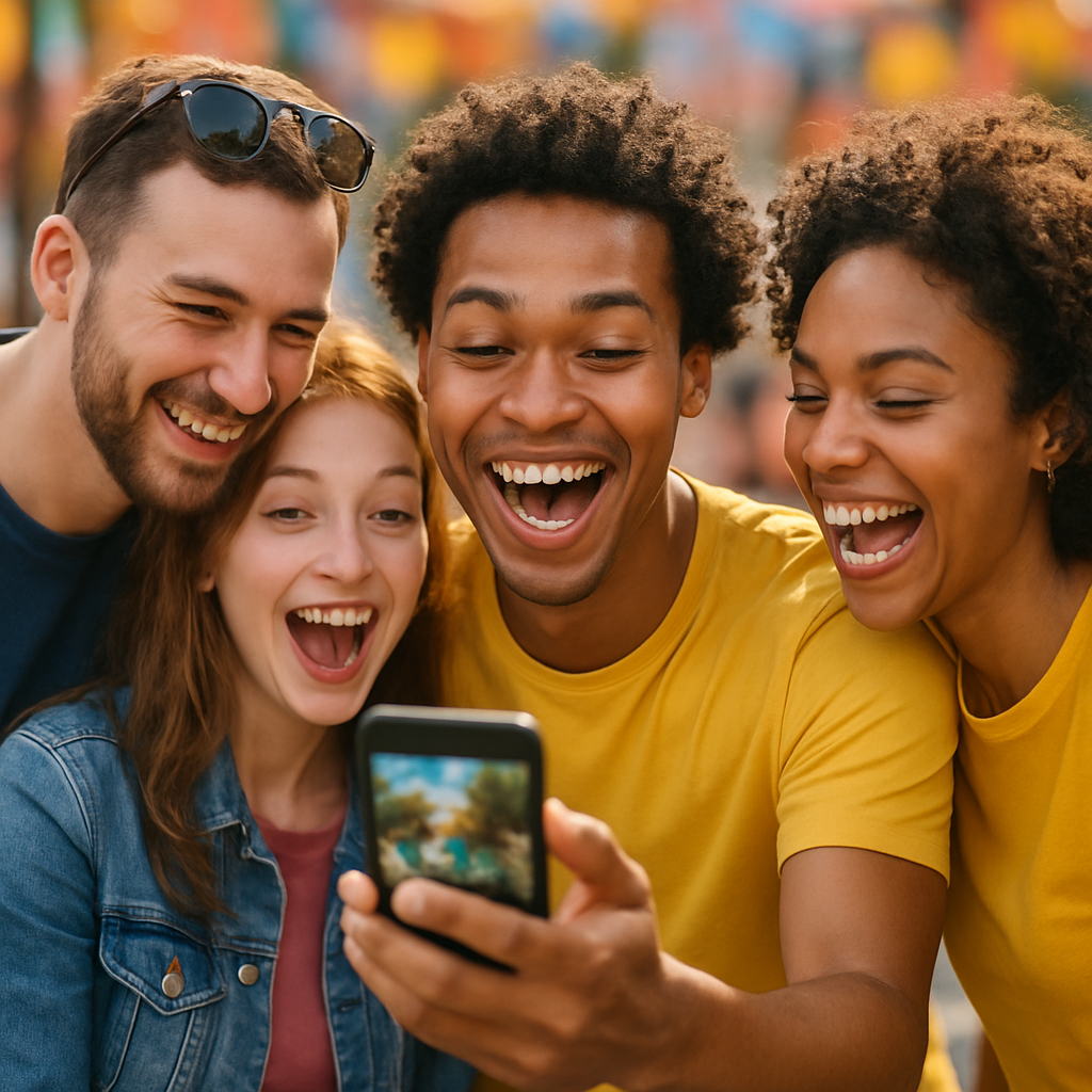 友達に自分の携帯電話で美しい写真を見せている人の活気あるシーン、思い出を共有する喜びを強調した明るくカラフルな雰囲気、フォトリアリスティック。