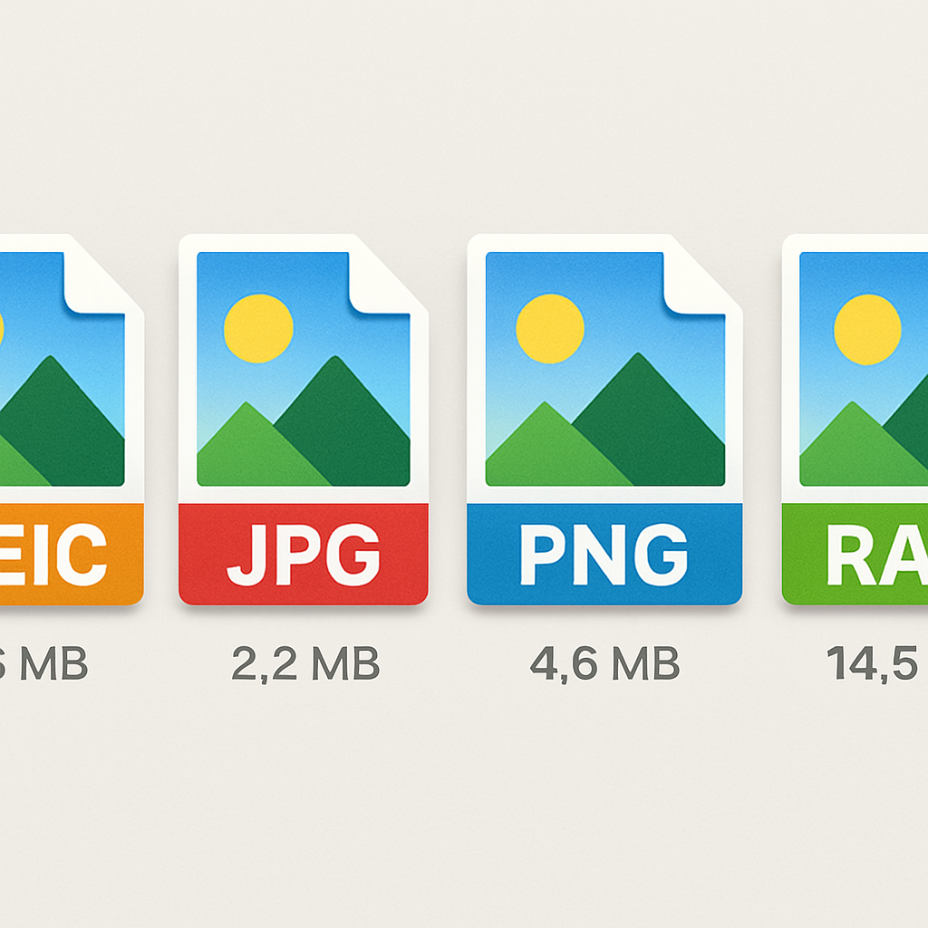 A side-by-side comparison of HEIC, JPG, PNG, and RAW file icons, with vibrant colors and clear labels, set against a light background, showcasing the differences in image quality and file size.