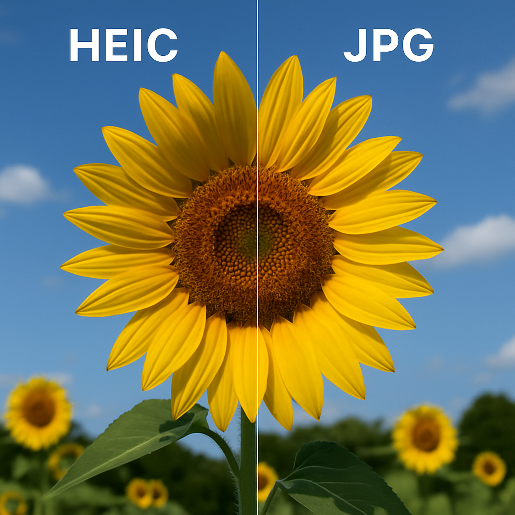 A split image showing a HEIC photo on one side and a JPG photo on the other, illustrating the difference in quality and file size, with vibrant colors and clear visual comparison.