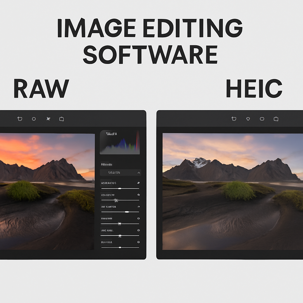 A visual comparison of image editing software showing a RAW image being edited versus a HEIC image, illustrating the editing capabilities and differences in user experience, with a clean and modern layout.