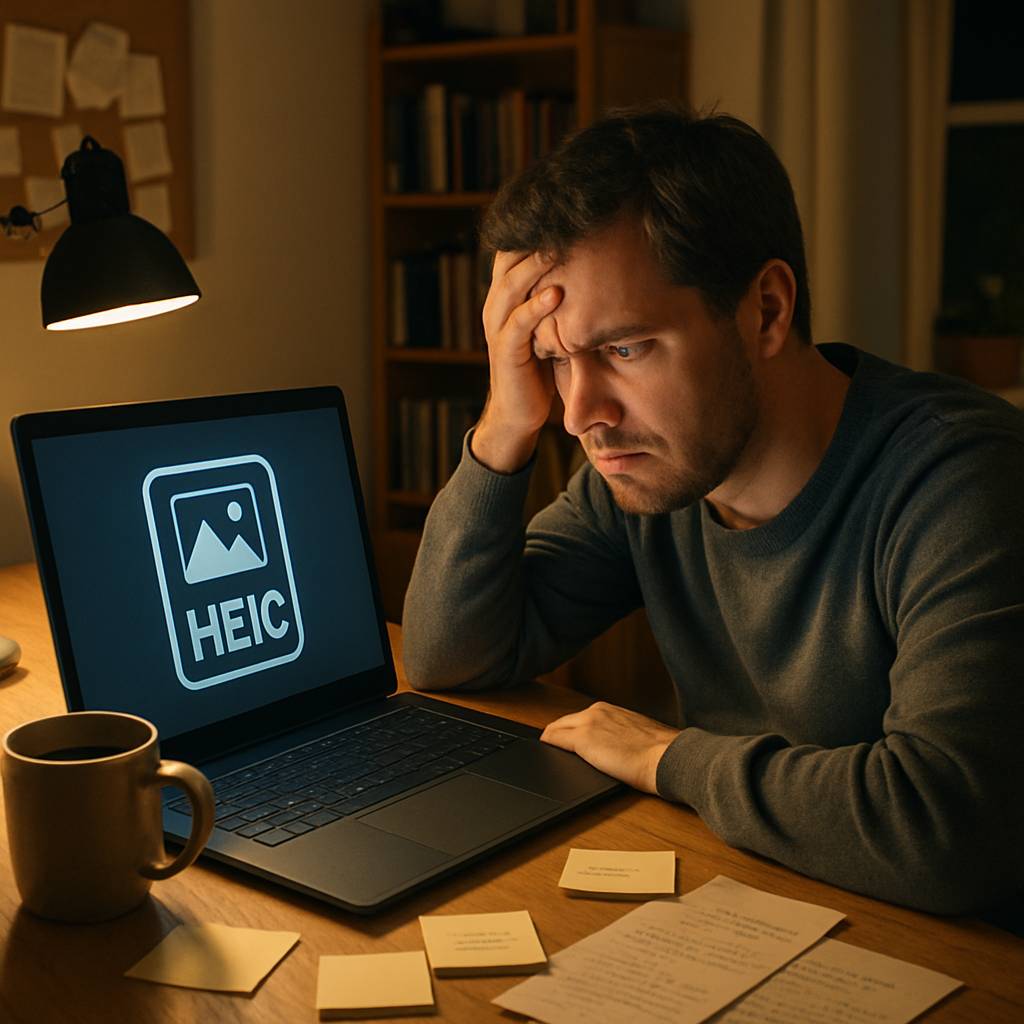 Un bureau à domicile confortable avec une personne regardant son écran d'ordinateur avec frustration en essayant d'ouvrir un fichier HEIC, éclairage chaleureux, photoréaliste, avec une tasse de café et des notes éparpillées sur le bureau.