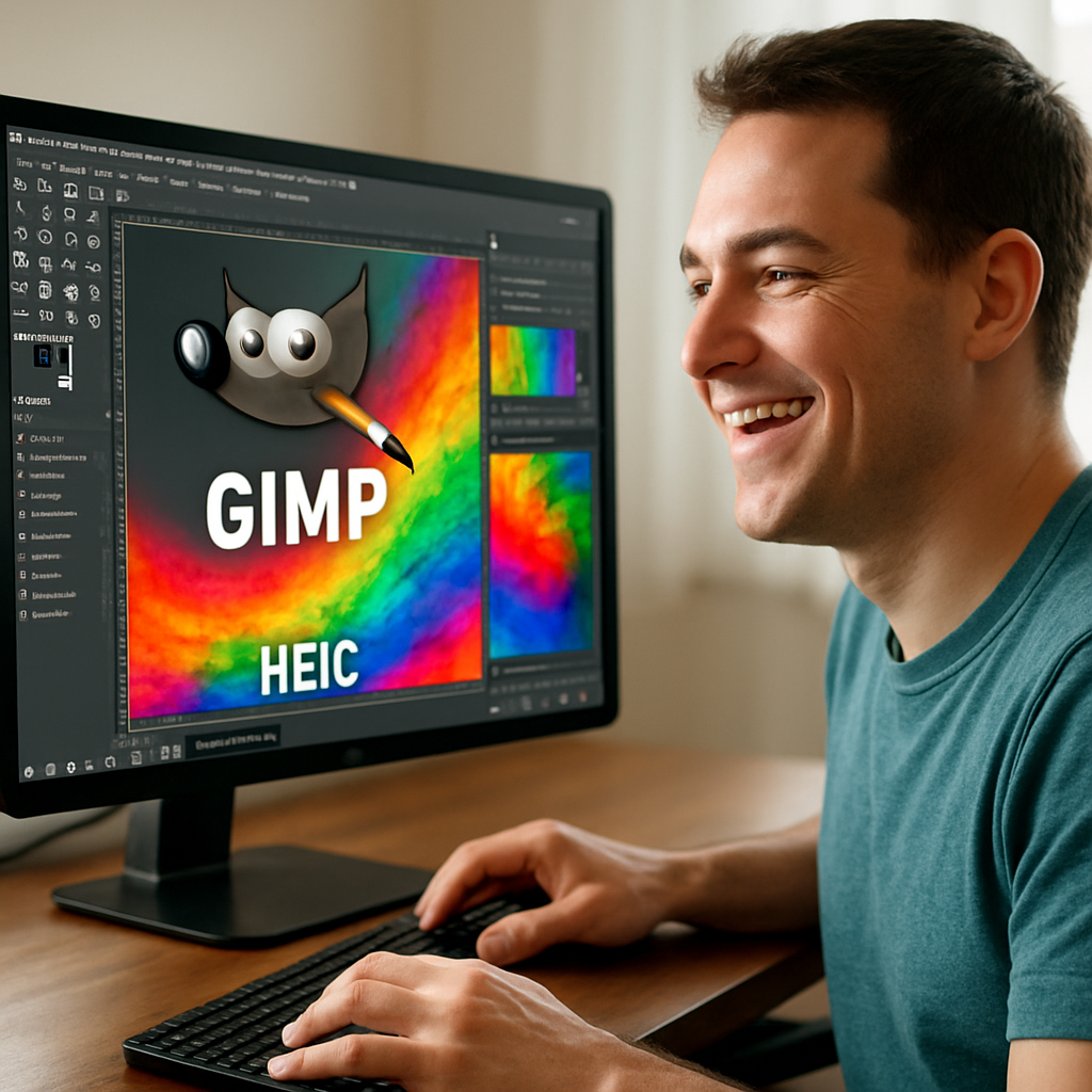 Une personne utilisant GIMP avec bonheur sur son ordinateur, avec un fichier HEIC ouvert à l'écran, montrant des couleurs vives et des outils, éclairage lumineux, photoréaliste.