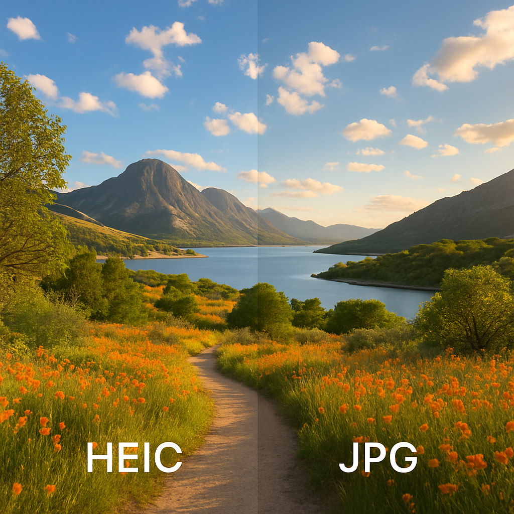 A vibrant photo of a scenic landscape taken on an iPhone, showing the difference between HEIC and JPG formats, with clear and vivid colors, warm natural lighting, photorealistic