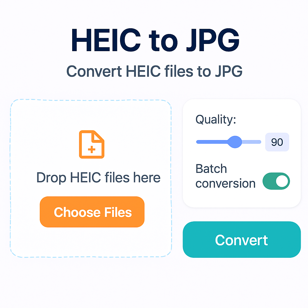 A user-friendly website interface showing the process of converting HEIC to JPG, with quality control settings and batch conversion options, bright and inviting colors, modern design