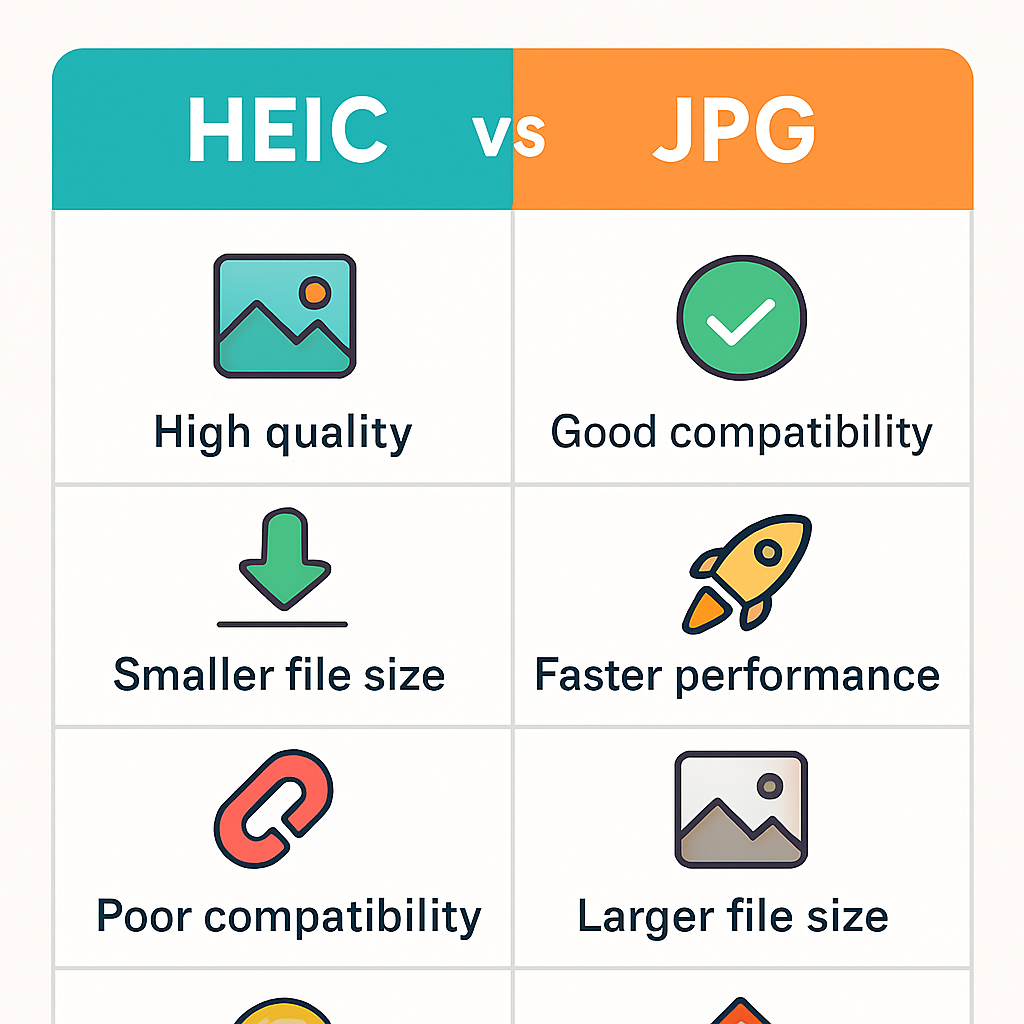 A comparison chart showing HEIC and JPG pros and cons, colorful and easy to read, with icons representing each point, modern infographic style