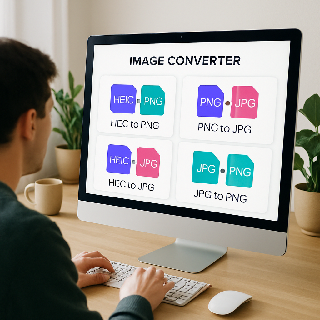 A person sitting at a desk, looking at a computer screen displaying various image conversion tools, with HEIC files and PNG files on the screen, bright and inviting workspace, photorealistic.