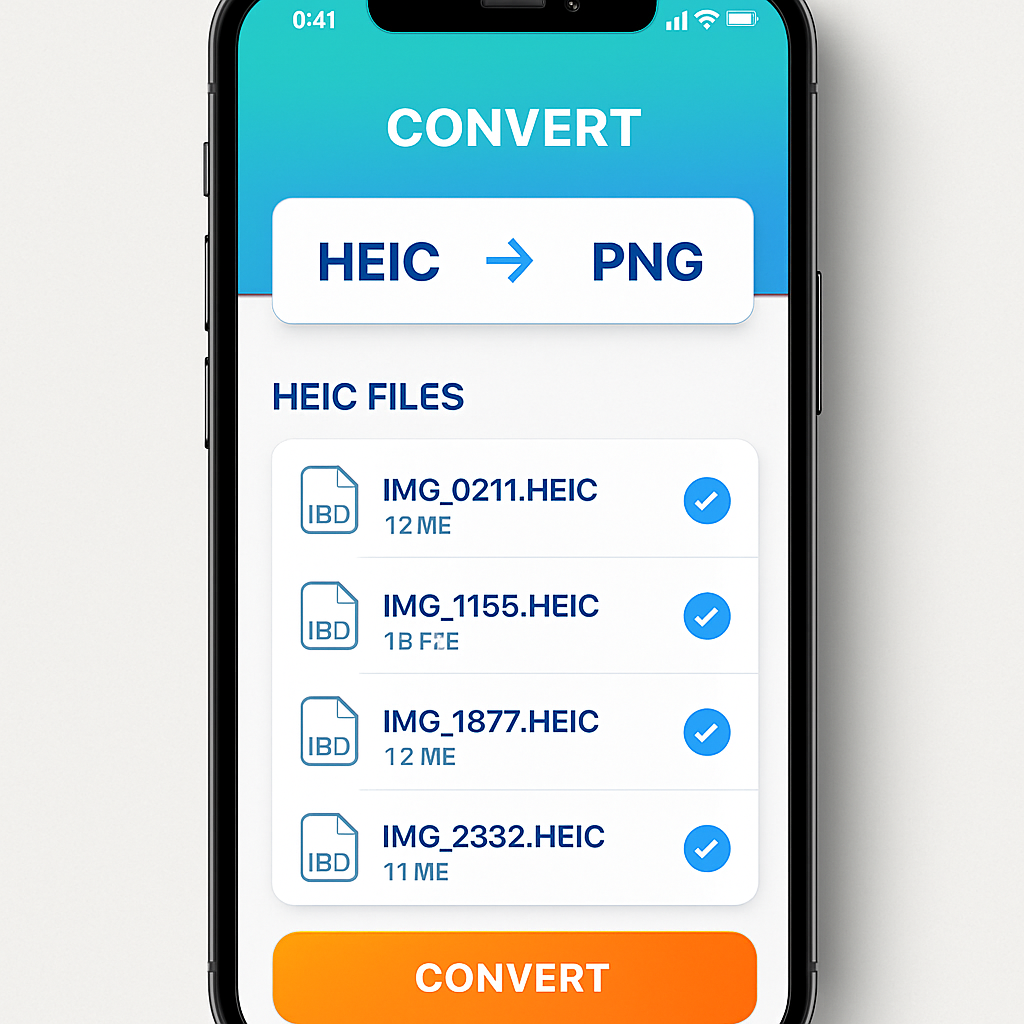 An iPhone screen showing a conversion app with HEIC files selected for conversion to PNG, bright and user-friendly interface, photorealistic.