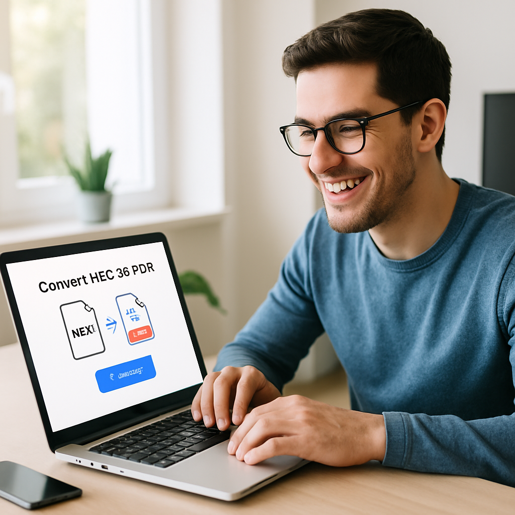 A person happily using a laptop to convert HEIC files to PDF online, bright workspace with natural lighting, modern technology setup, photorealistic