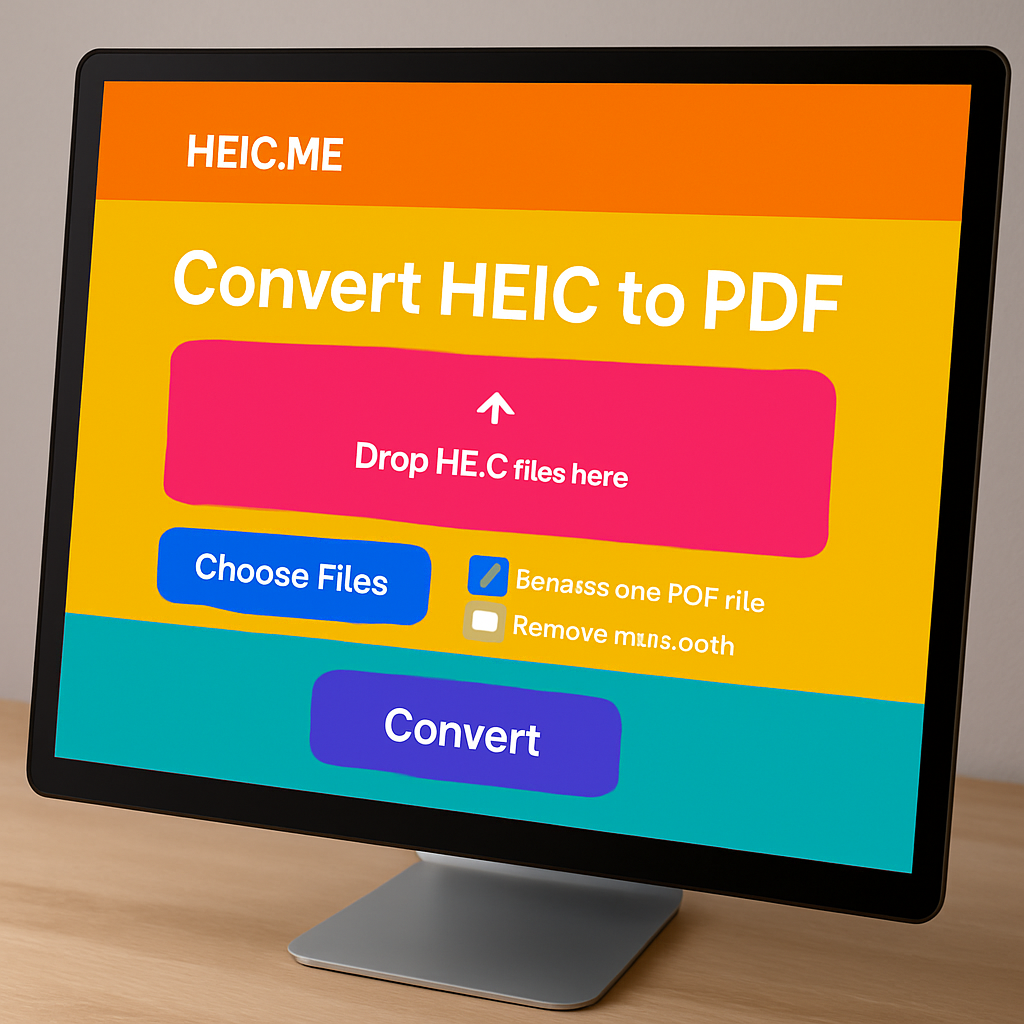 A screen showing the heic.me website with options to convert HEIC files to PDF, bright colors and user-friendly interface, photorealistic
