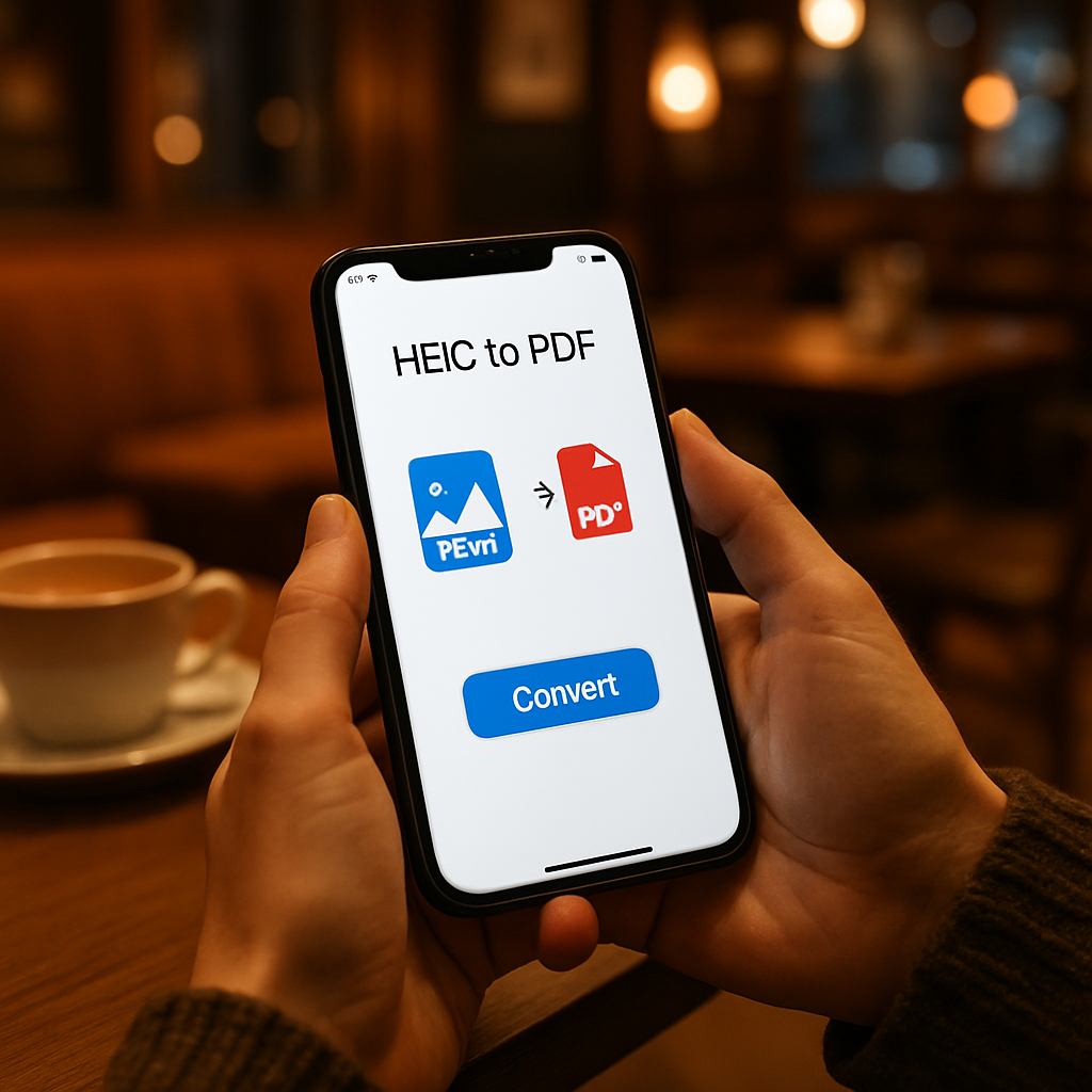 A person using a smartphone to convert HEIC to PDF using an app, sitting in a cozy cafe, warm lighting, photorealistic