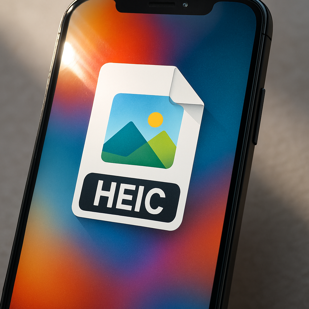 A photorealistic close-up of a smartphone screen displaying a .heic file icon with a colorful background, sunlight reflecting on the screen, showcasing modern technology