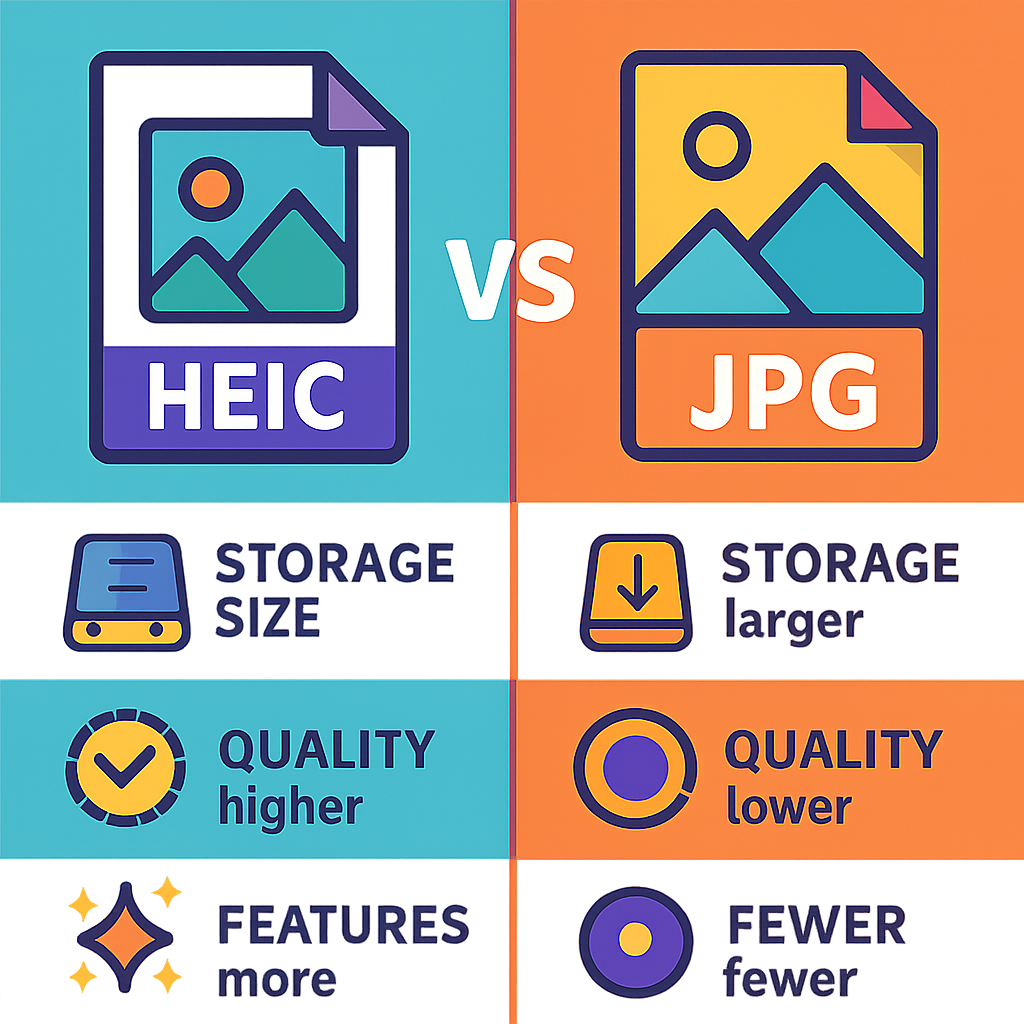 An infographic comparing HEIC and JPG file formats, highlighting the differences in storage size, quality, and features, with icons representing each format, vibrant colors