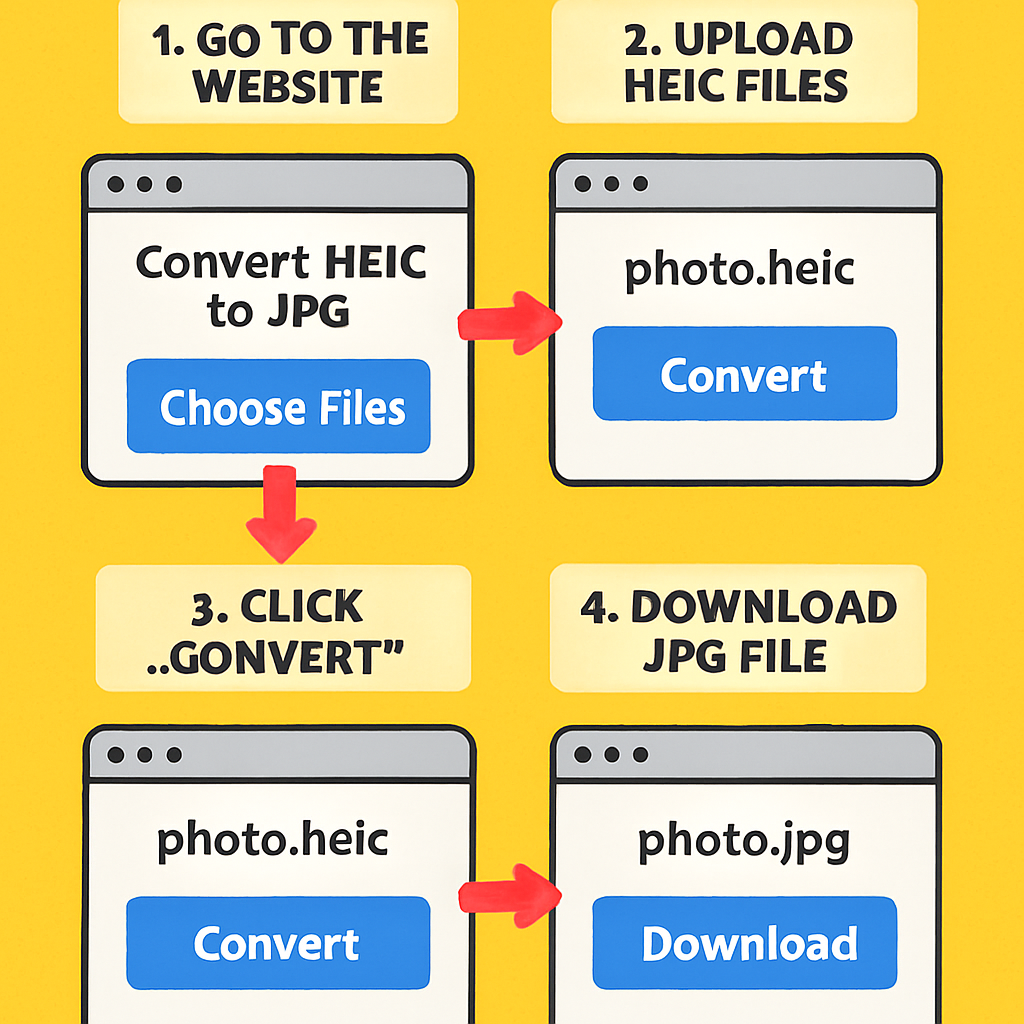 A step-by-step visual guide on converting HEIC files to JPG using an online tool, with screenshots and arrows highlighting each step, bright and friendly design