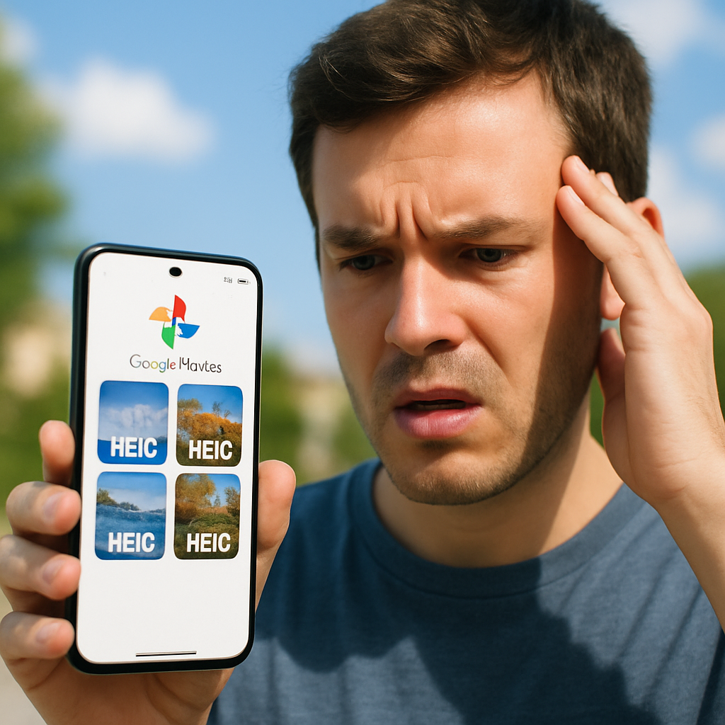 HEICファイルが表示された電話の画面を見つめて困惑している人。電話はGoogleフォトアプリのインターフェースを表示しており、明るい色と晴れた背景がある。フォトリアリスティック。